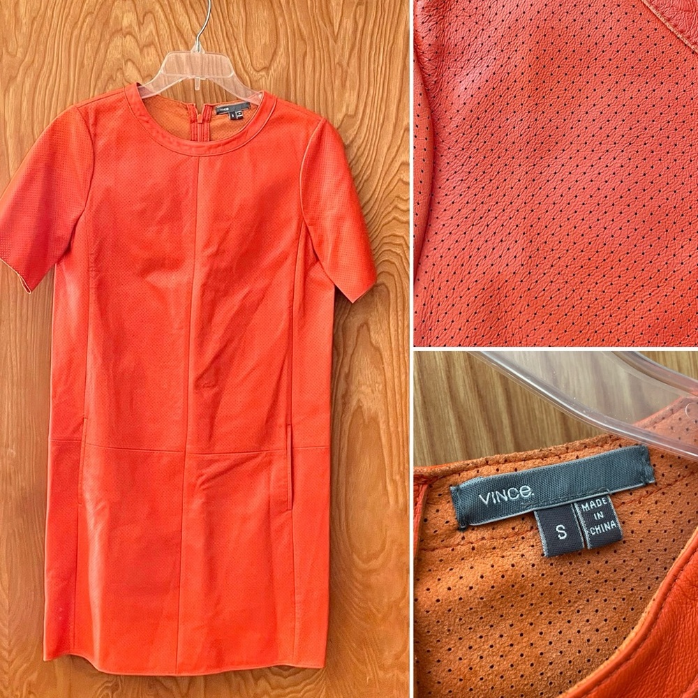 Vince lamb leather perforated sheath dress, bright orange, back zip, size small